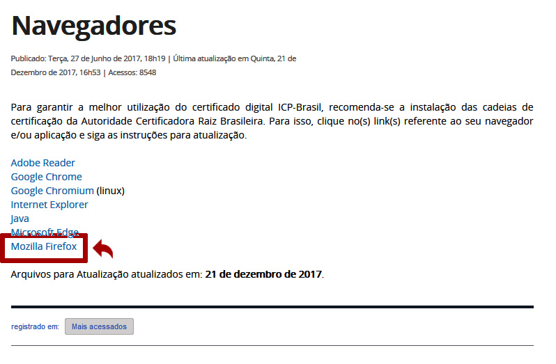 Recorte de página do site do Instituto Nacional da Tecnologia da Informação, informando o link para a página de instruções de instalação das cadeias da autoridade certificadora raiz brasileira.